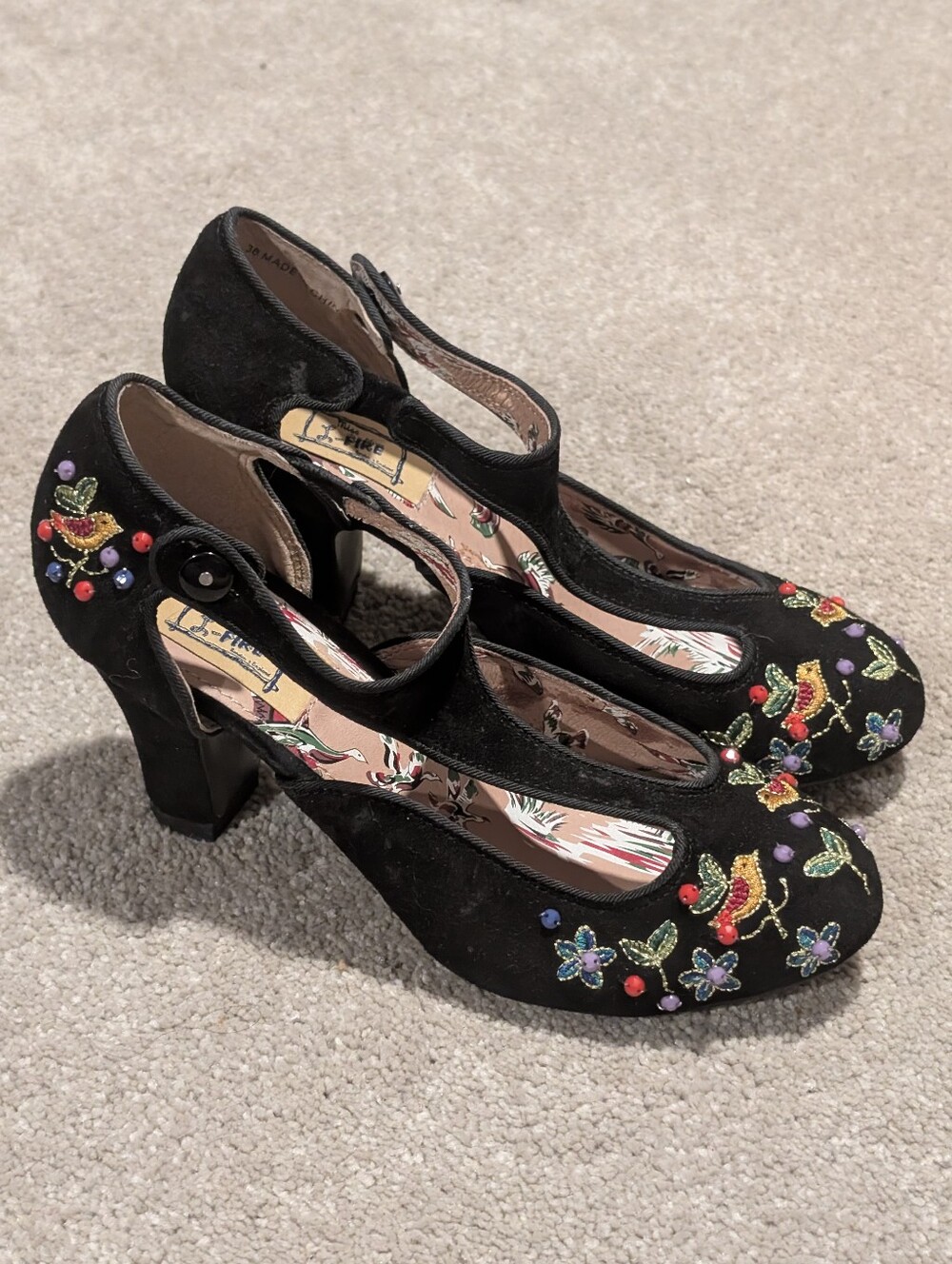 Miss L - Fire Black Embroidered Mary Jane Heels with Colorful Beaded Vintage